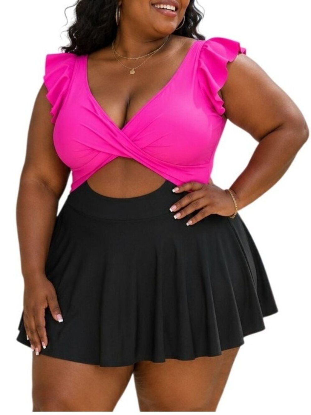 B2prity Plus Size 3XL Swimsuit One Piece Pink Black Cutout Wrap Design W/ Skirt
